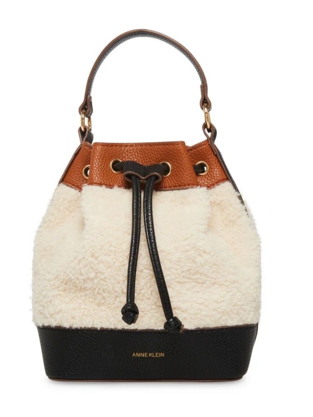 NWT Anne Klein Cream Shearling Mini Bucket Bag with Brown & Black Trim